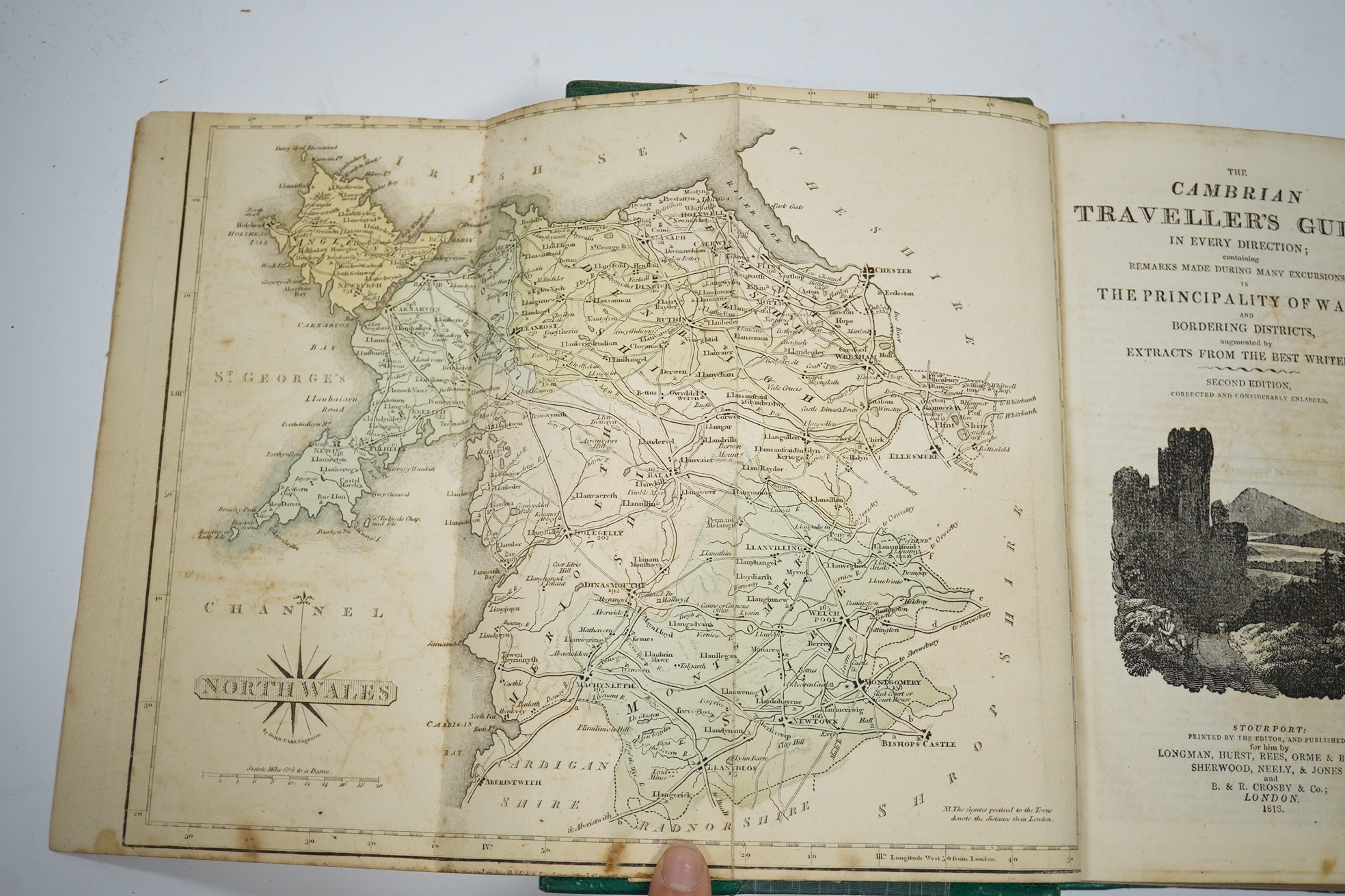 The Cambrian Traveller's Guide, in every direction ... in the Principality of Wales, and bordering districts ... pictorial title vignette, 2 folded and hand coloured maps; rebound 20th century green half morocco and clot